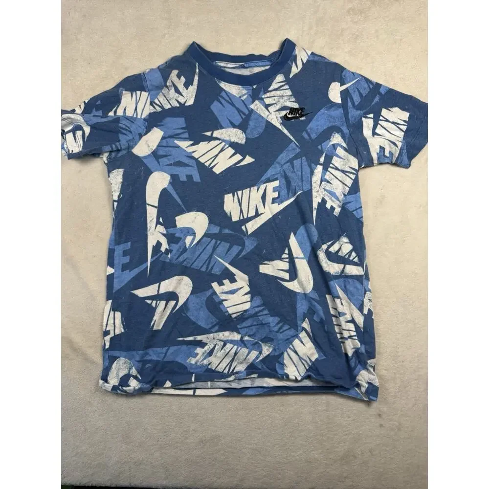Nike Boys XL Blue All Over Logo Graphic T Shirt Swoosh Sportswear